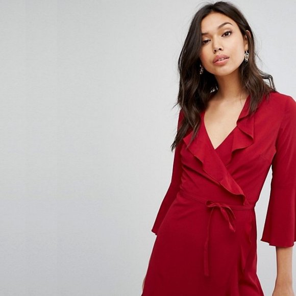 Dresses & Skirts - Wine Flounce Ruffle Wrap Quarter Sleeve Midi Dress